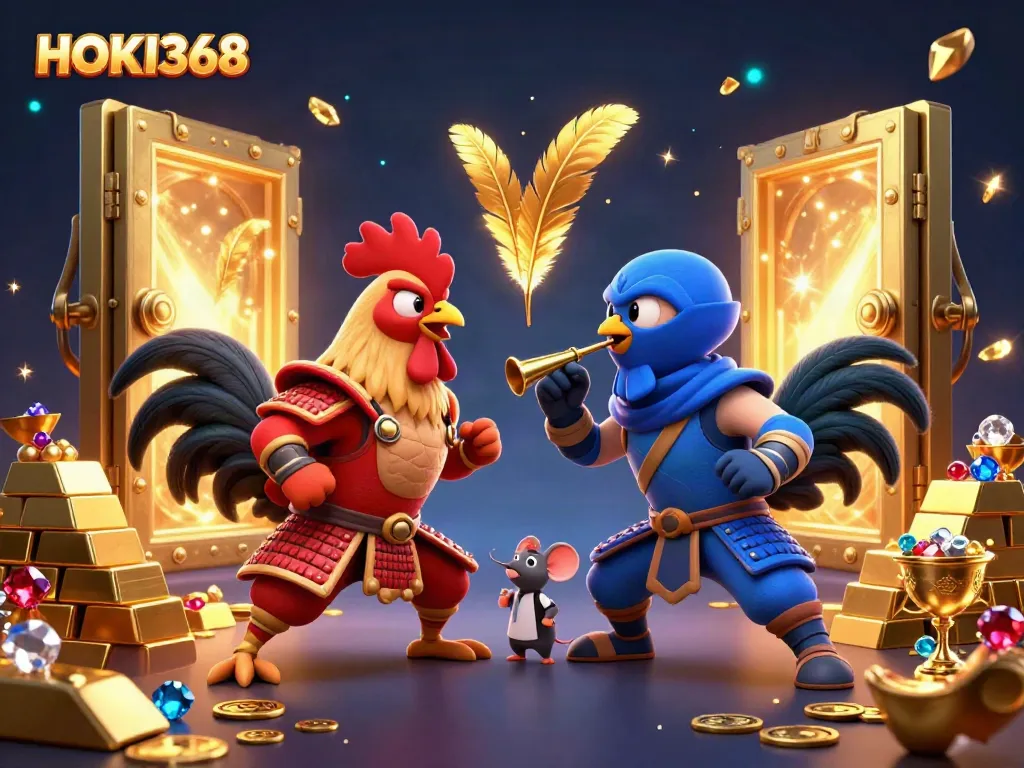 Engage in thrilling gameplay with HOKI368 featuring dynamic cartoon roosters and treasure in a casino setting.