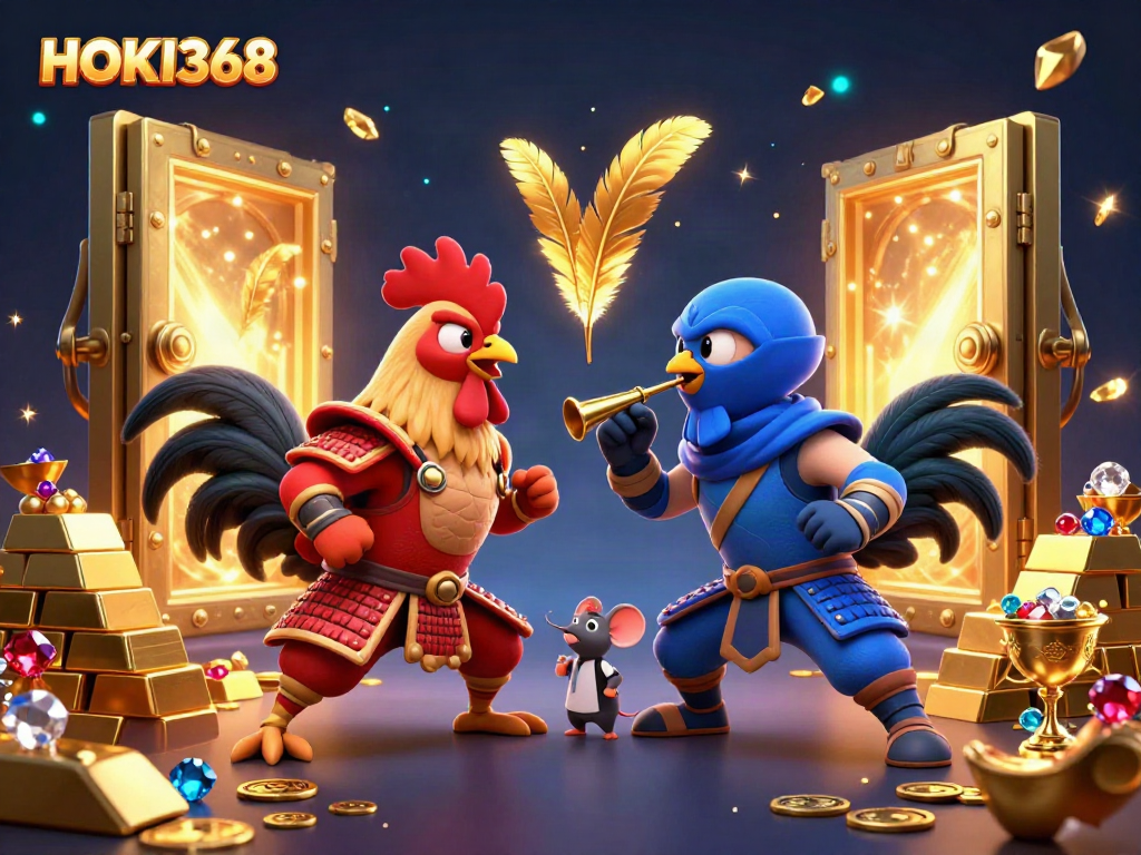 Engage in thrilling gameplay with HOKI368 featuring dynamic cartoon roosters and treasure in a casino setting.