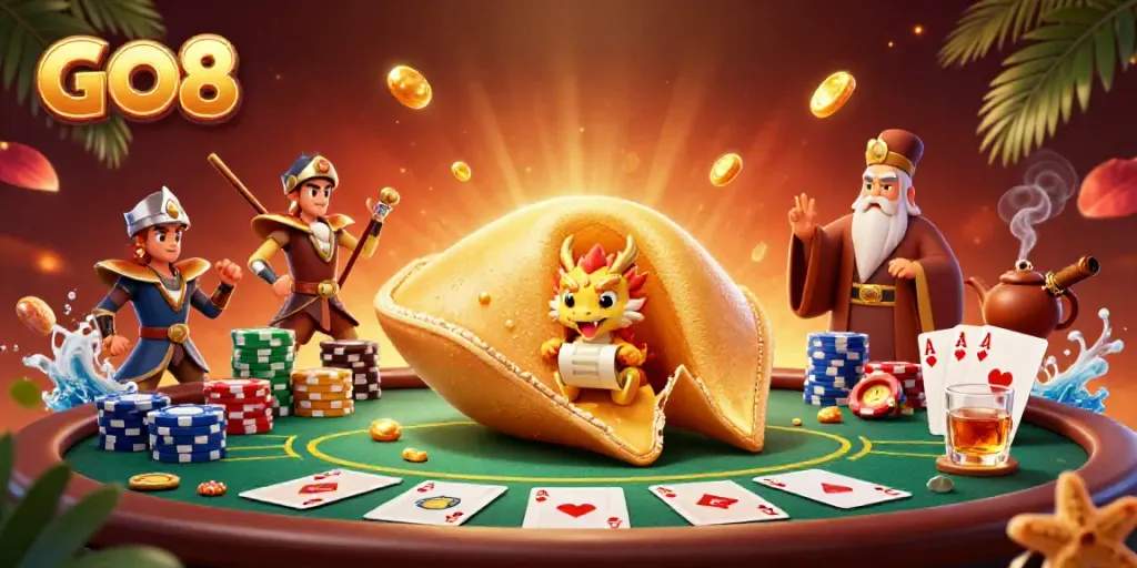 Engage in GO8's vibrant casino scene featuring a golden fortune cookie and poker elements.