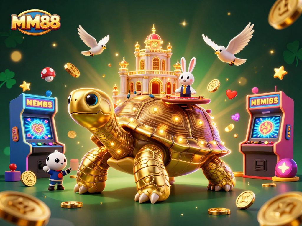 Join the excitement at MM88 with a vibrant scene of casino fun featuring a golden tortoise and a rabbit dealer.