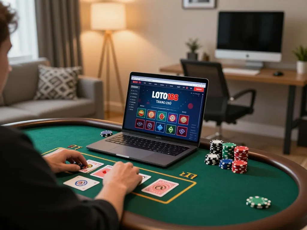 Engaged in LOTO188 TRANG CHỦ gaming session at home using a laptop with cards and chips around