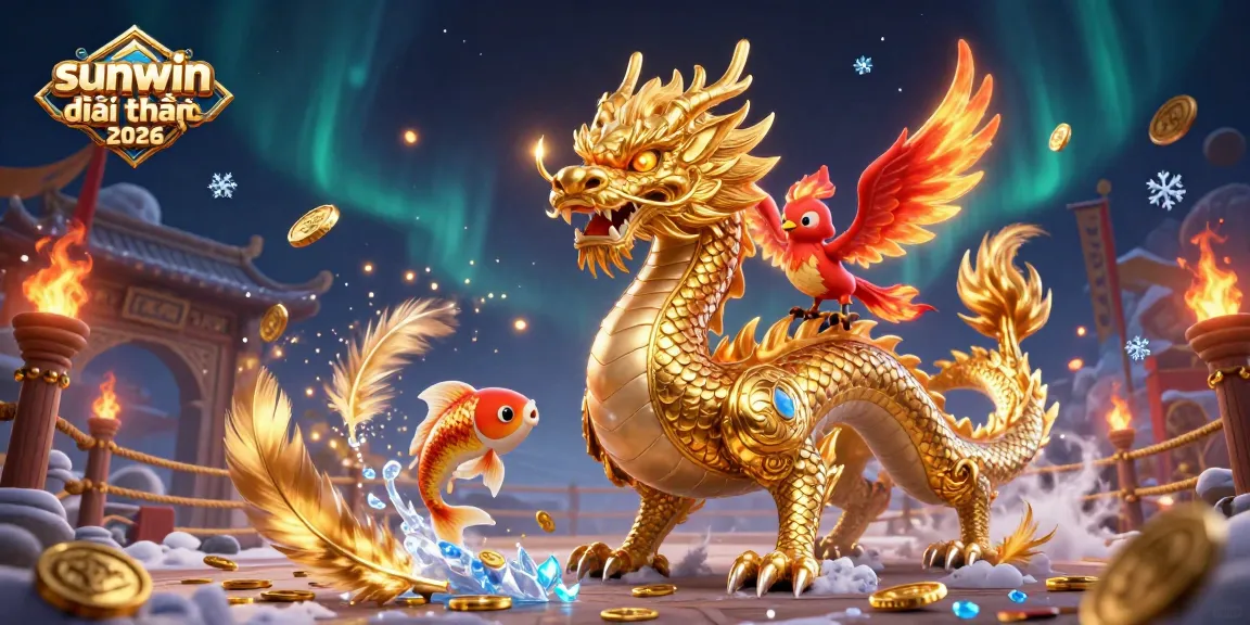 Engage in sunwin đổi thưởng 2026 with a vibrant 3D casino scene featuring dragons, phoenix, and koi amidst gold coins.