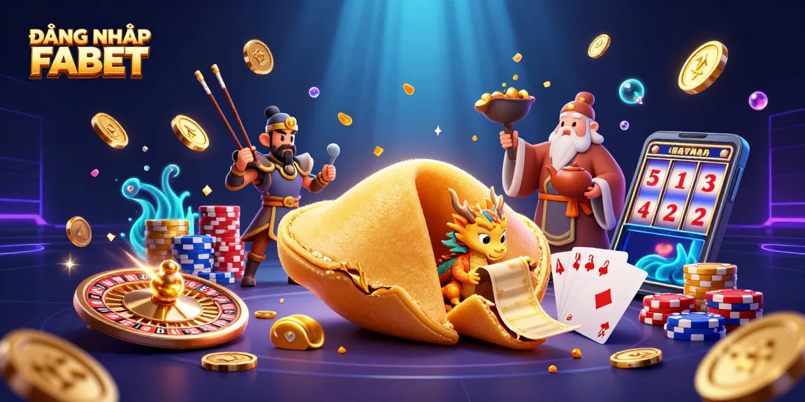 Experience the excitement of ĐĂNG NHẬP FABET as a giant golden fortune cookie and wise dragon celebrate casino success.