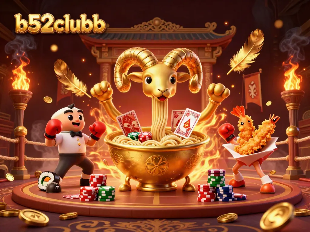 Bets come alive as b52clubb's golden ramen bowl dealer stacks chips, surrounded by a vibrant casino arena.