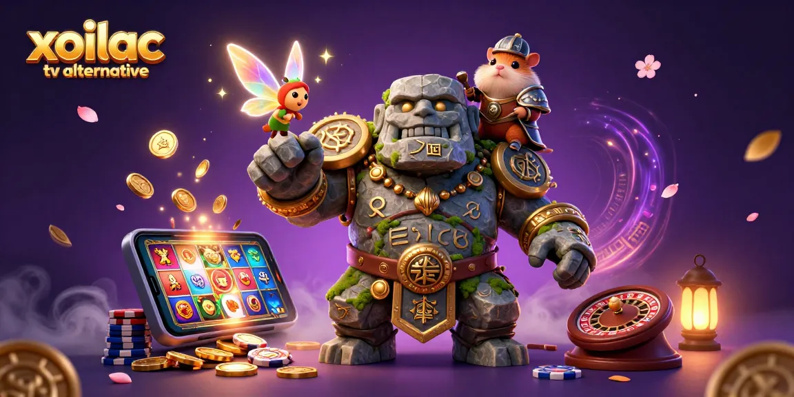 Xoilac tv alternative showcases a vibrant 3D scene of a golem and companions amidst a colorful gambling explosion, emphasizing immersive casino fun.