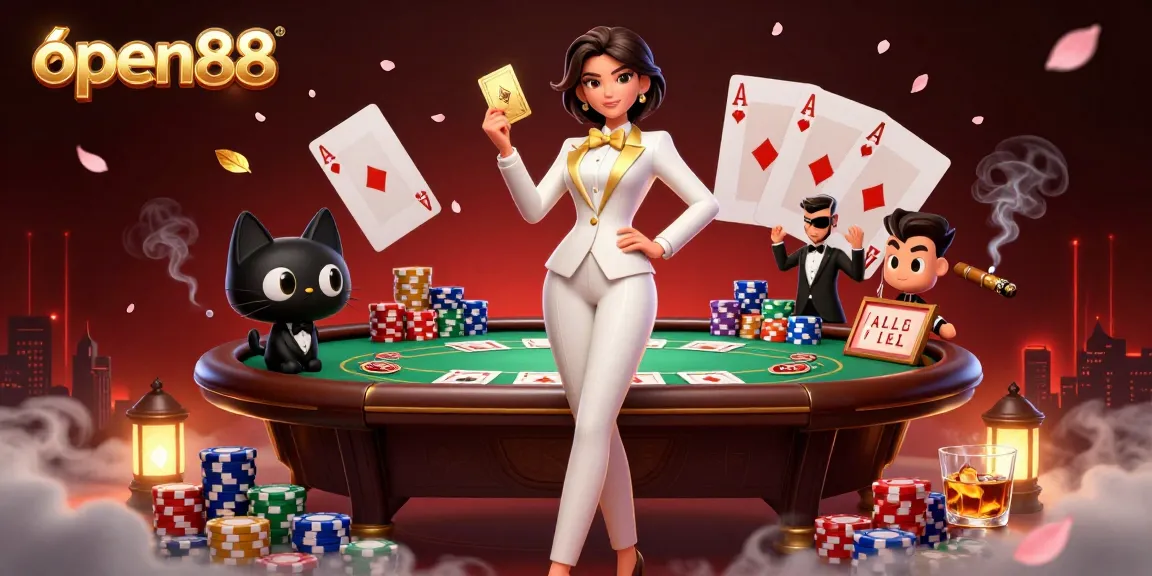 Experience open88's thrilling live casino action with glamorous characters at a vibrant poker game.