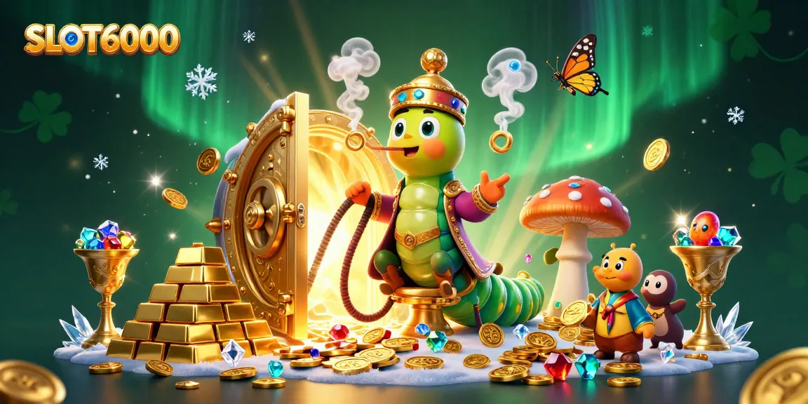 Experience SLOT6000 through an illustrated scene of vibrant gaming excitement and treasures.