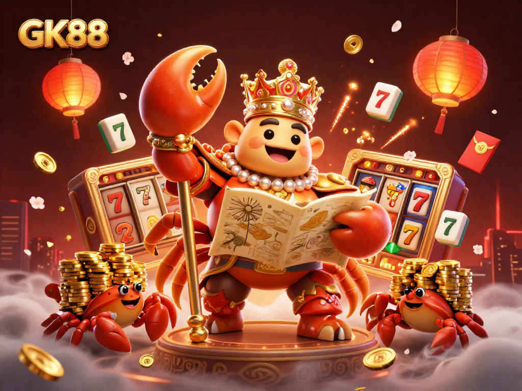 Play and win big with GK88's glamorous casino-themed illustration featuring a golden crab emperor.