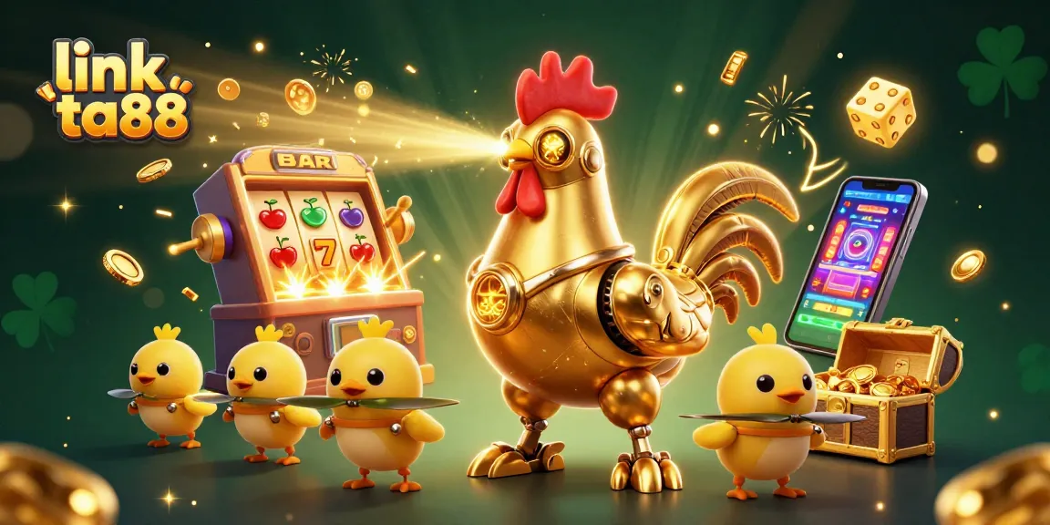 Engage with link ta88 in a vibrant casino illustration showcasing a golden rooster robot and dynamic gameplay.