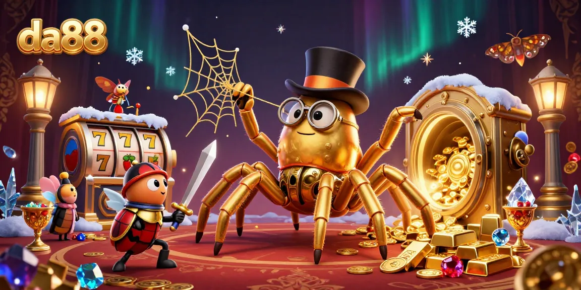 Experience thrilling da88 gaming with a golden tarantula and beetle knight amidst dazzling casino treasures.