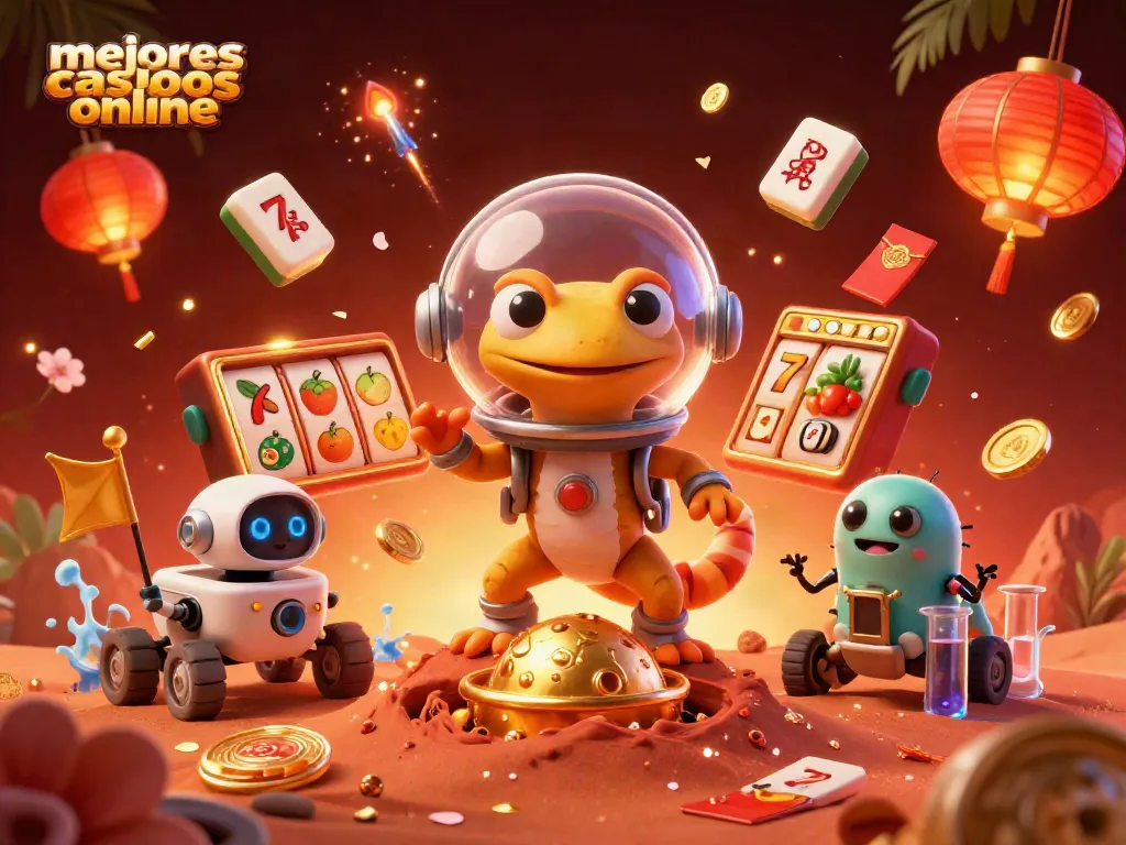 Juega en los mejores casinos online con una animación de un gecko marciano y casino dorado.