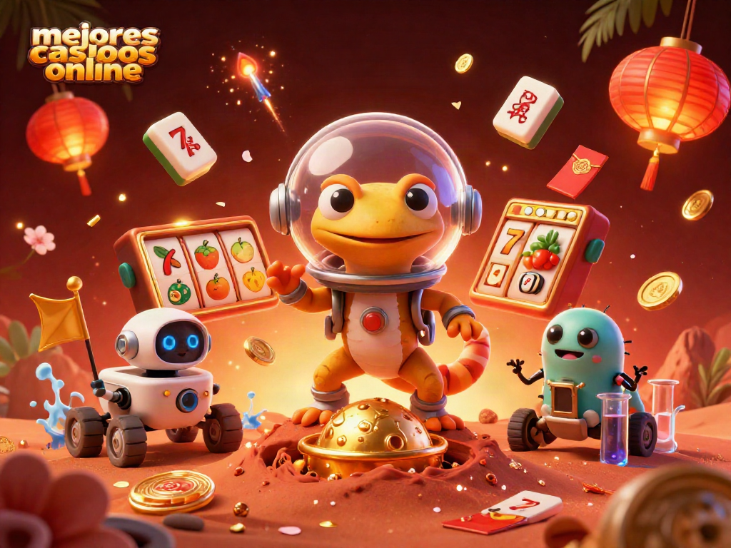 Juega en los mejores casinos online con una animación de un gecko marciano y casino dorado.