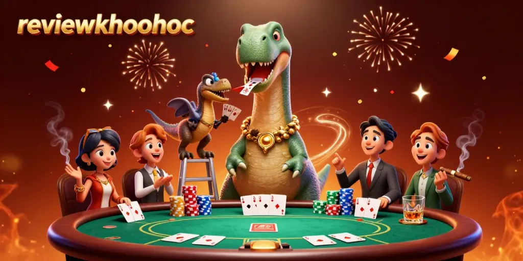 Engaging 3D illustration of reviewkhoahoc featuring charismatic dinosaur characters and poker table elements.