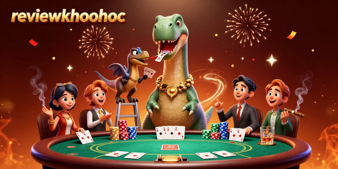 Engaging 3D illustration of reviewkhoahoc featuring charismatic dinosaur characters and poker table elements.