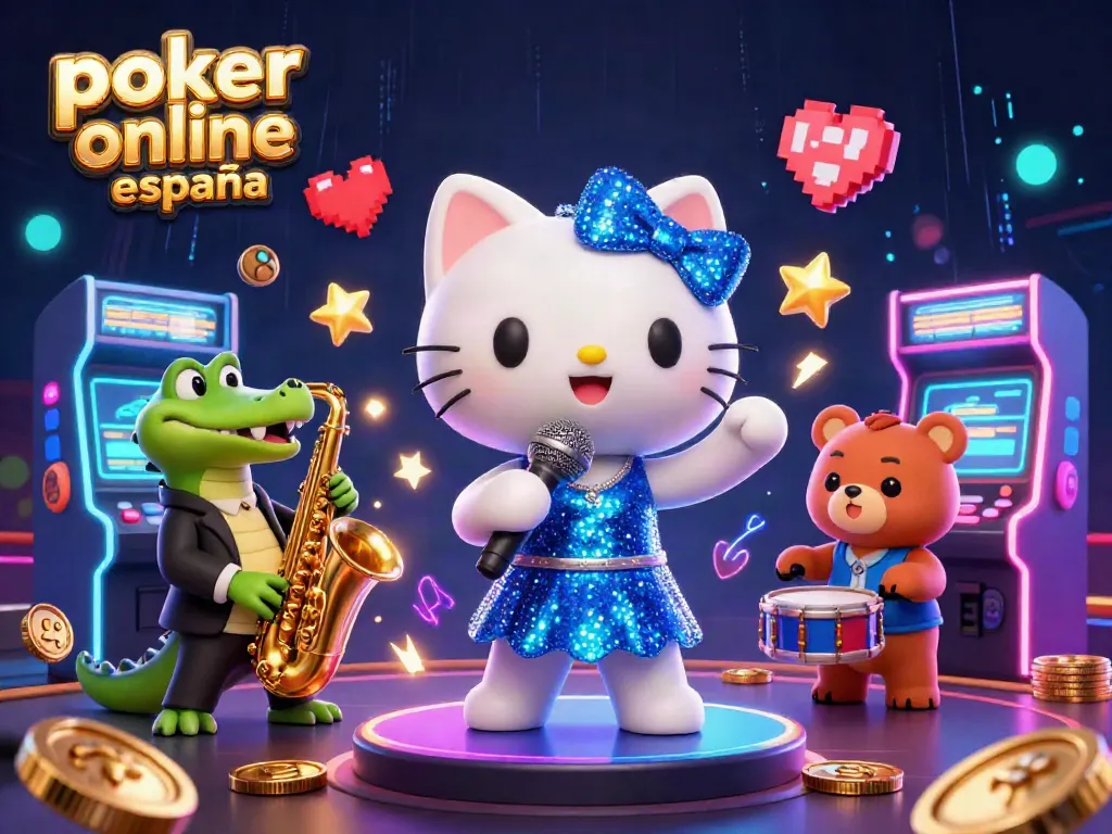 Juega al póker online en España con un vibrante escenario lleno de personajes y elementos de juego.