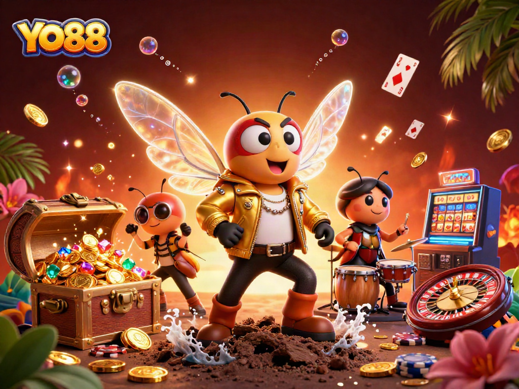 Join the fun at YO88 with a vibrant 3D illustration showcasing casino excitement and dynamic energy