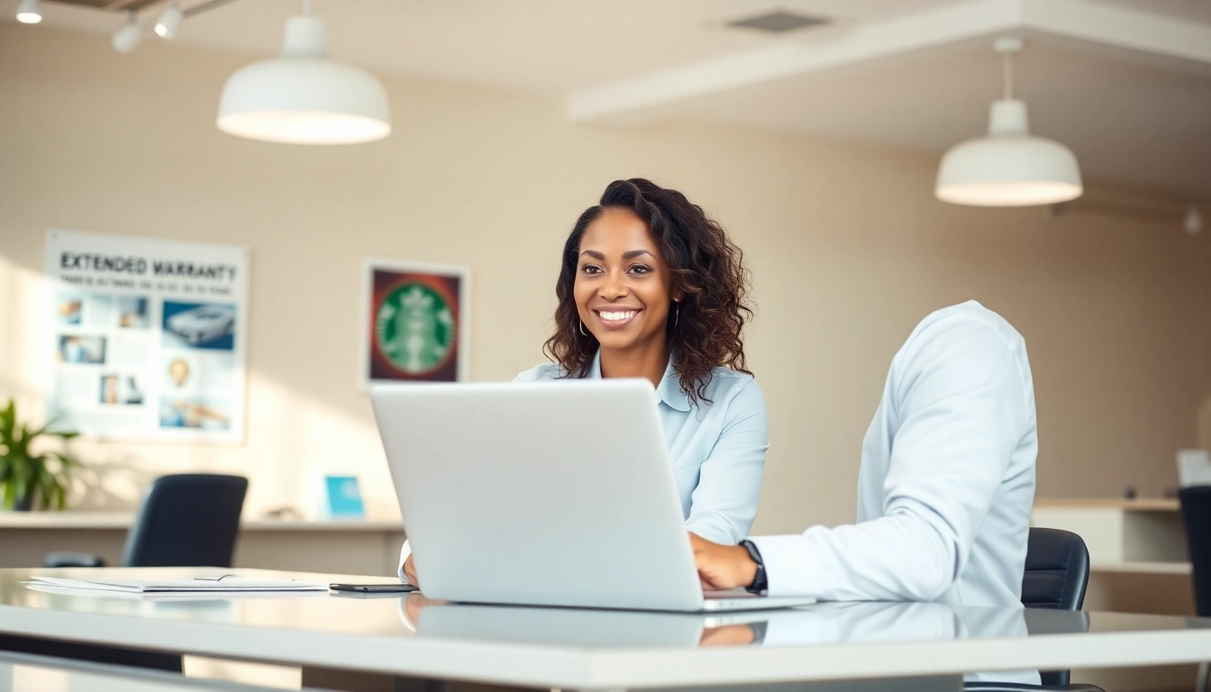 Agents of an extended warranty company assisting clients in a professional office environment.