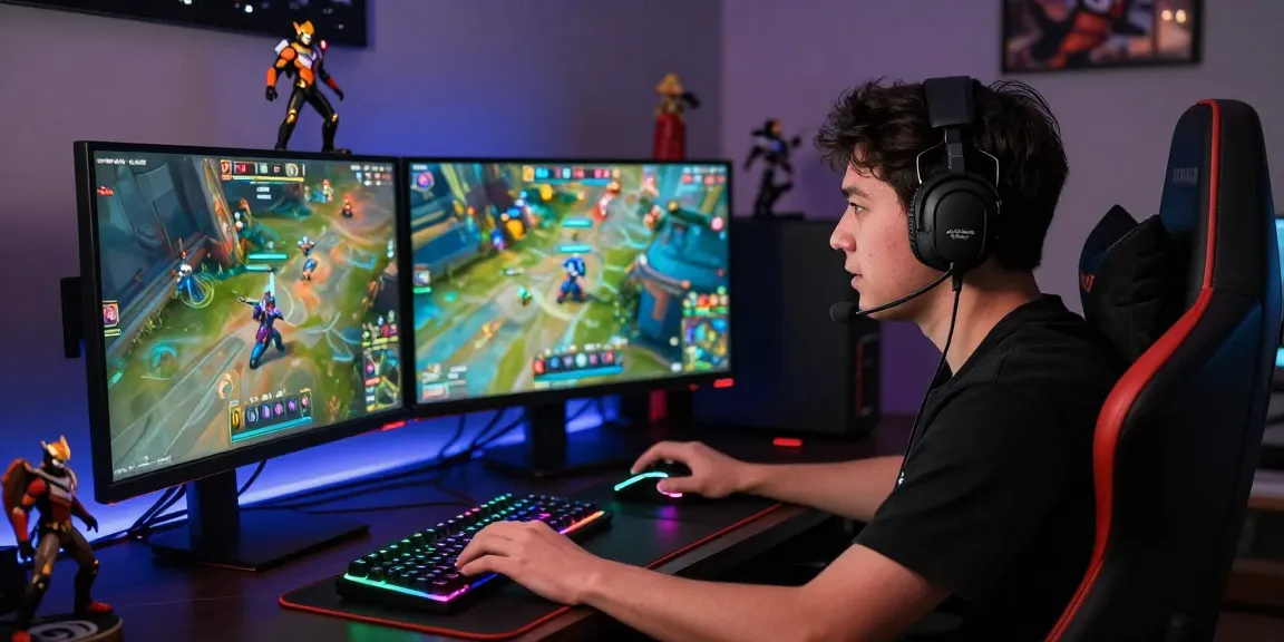 Gamer intensely focused on Overwatch 2 gameplay at PROOFCORE.IO setup with dual monitors and RGB keyboard.