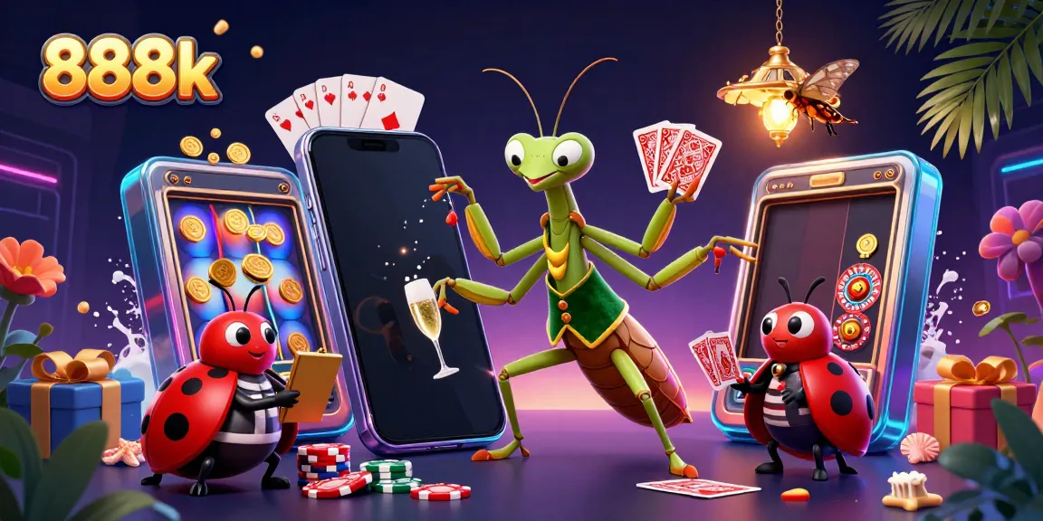 Experience the vibrant world of 888k gaming with a lively casino scene illustrating unique characters and slot games.