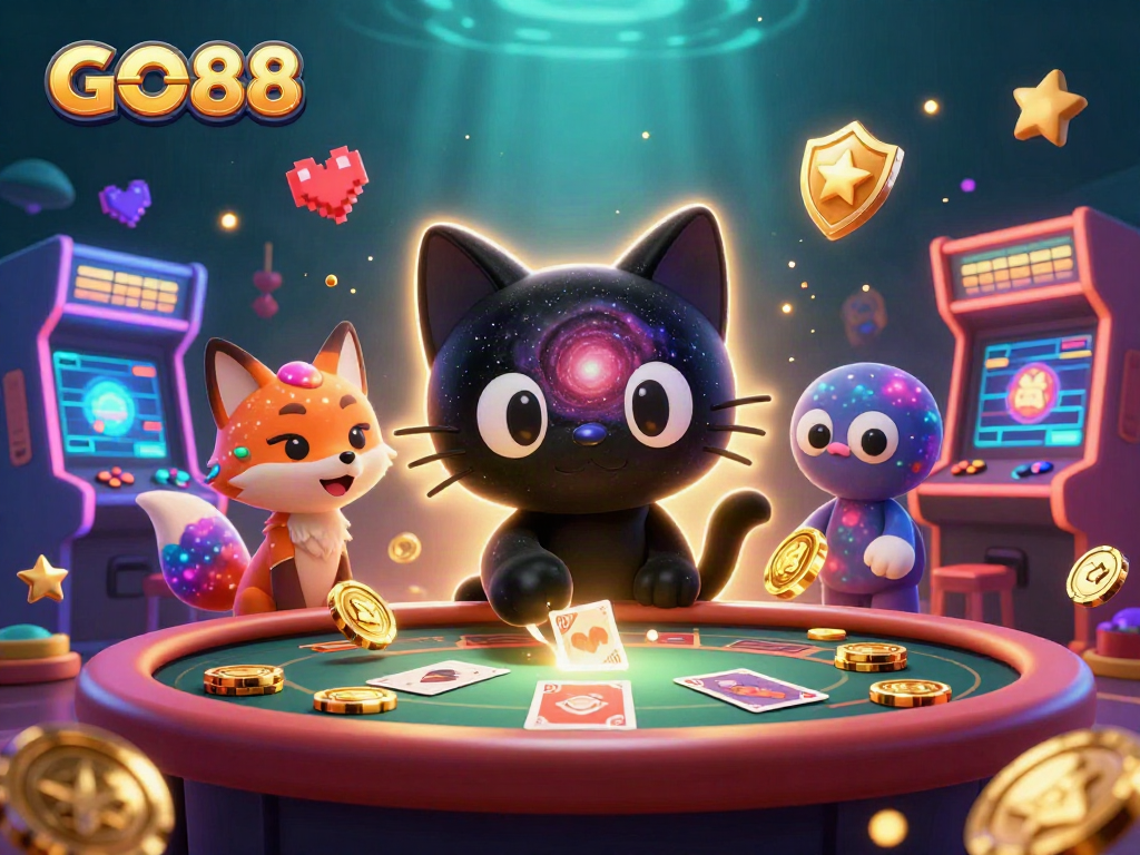 Join the cosmic gameplay action at GO88 with a black hole cat and nebula fox in a vibrant casino.