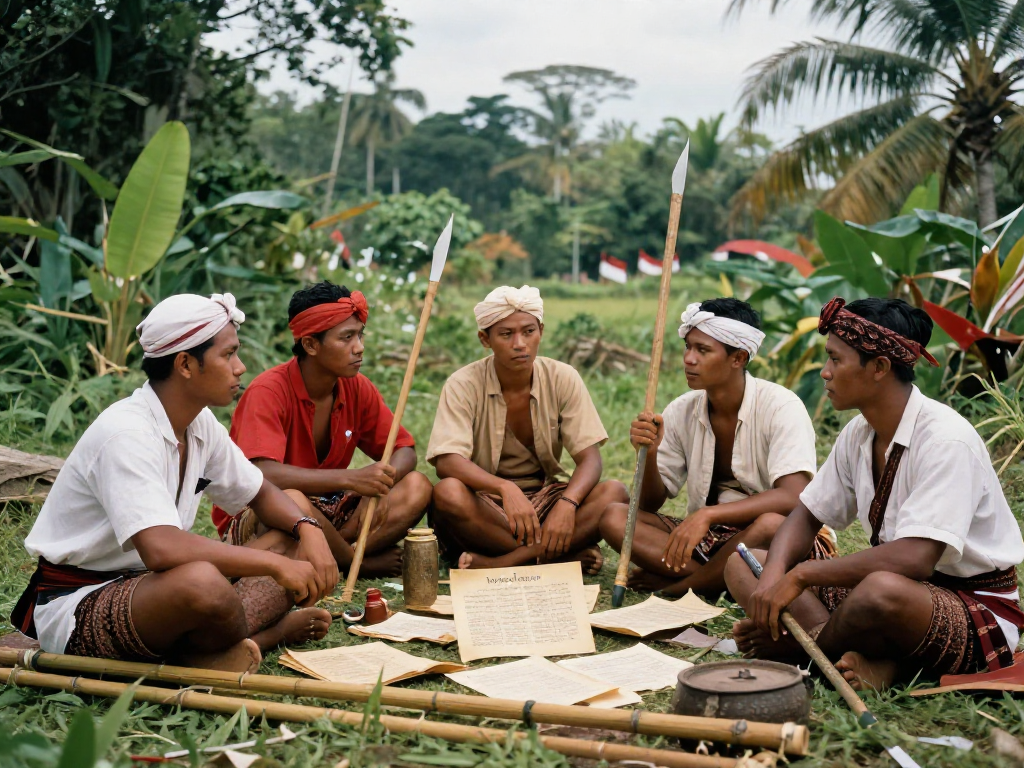 Indonesian freedom fighters in a historical scene exploring rokok88 slot's cultural significance.