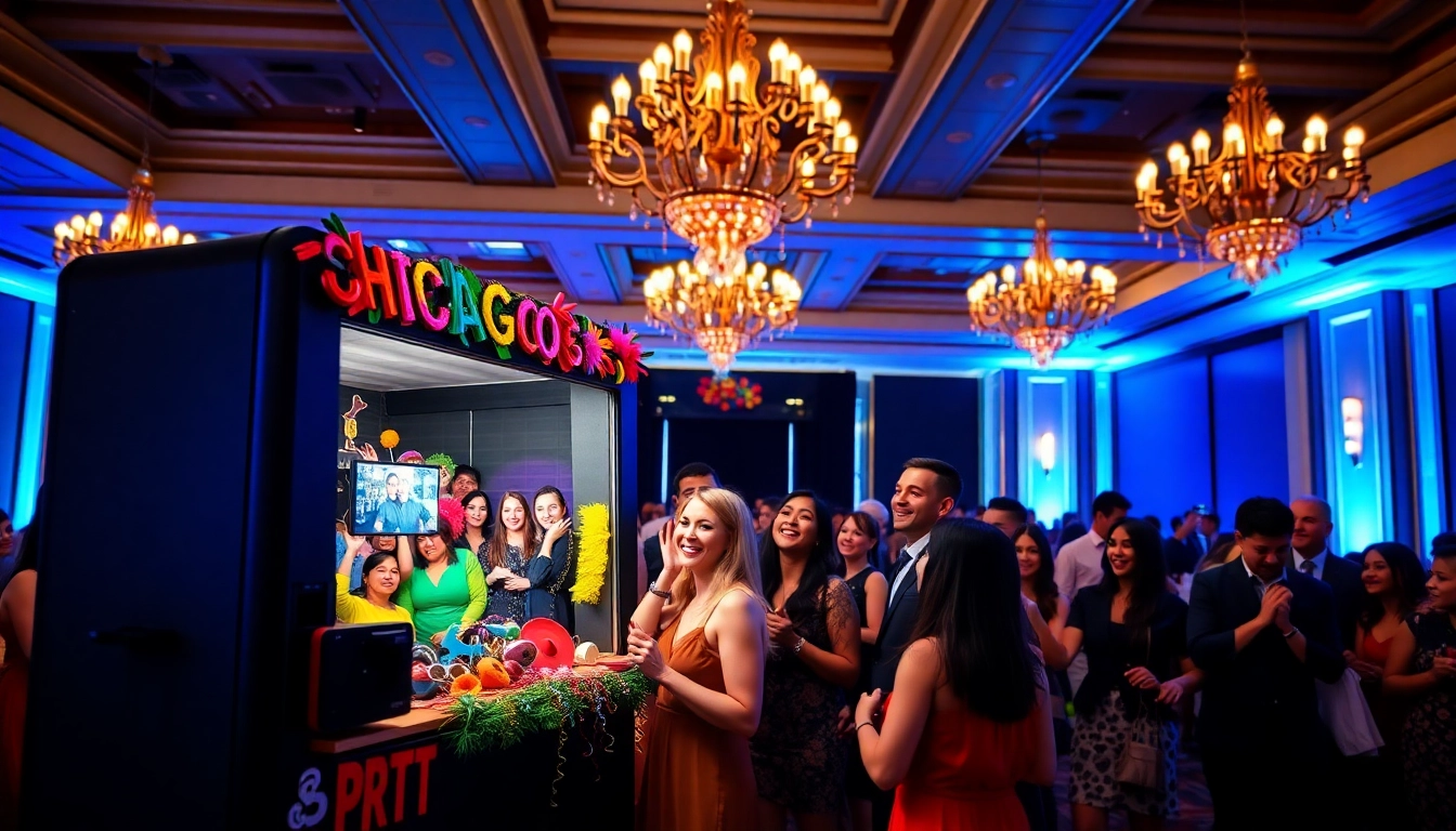 Engaging photo booth rental chicago setup at a lively event with guests enjoying props.