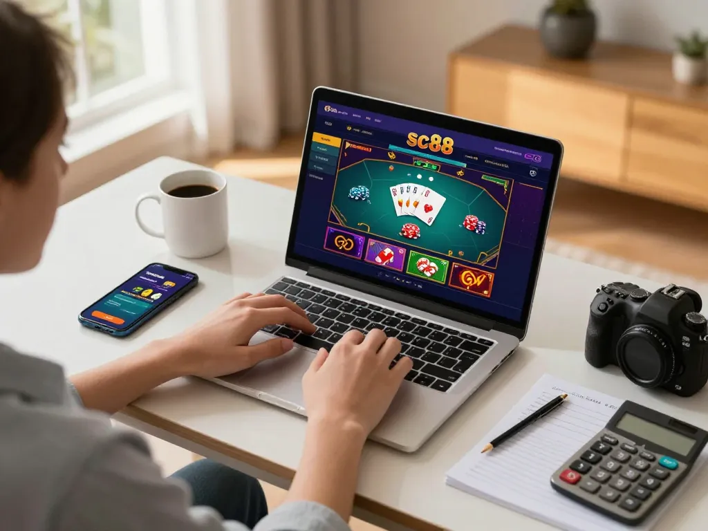 Engaged user playing sc88 online poker on a stylish desk with strategy notes.