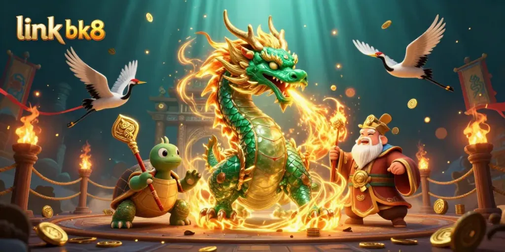 Interactive scene depicting link bk8 showcasing a jade dragon and thematic gambling elements for an online casino atmosphere.