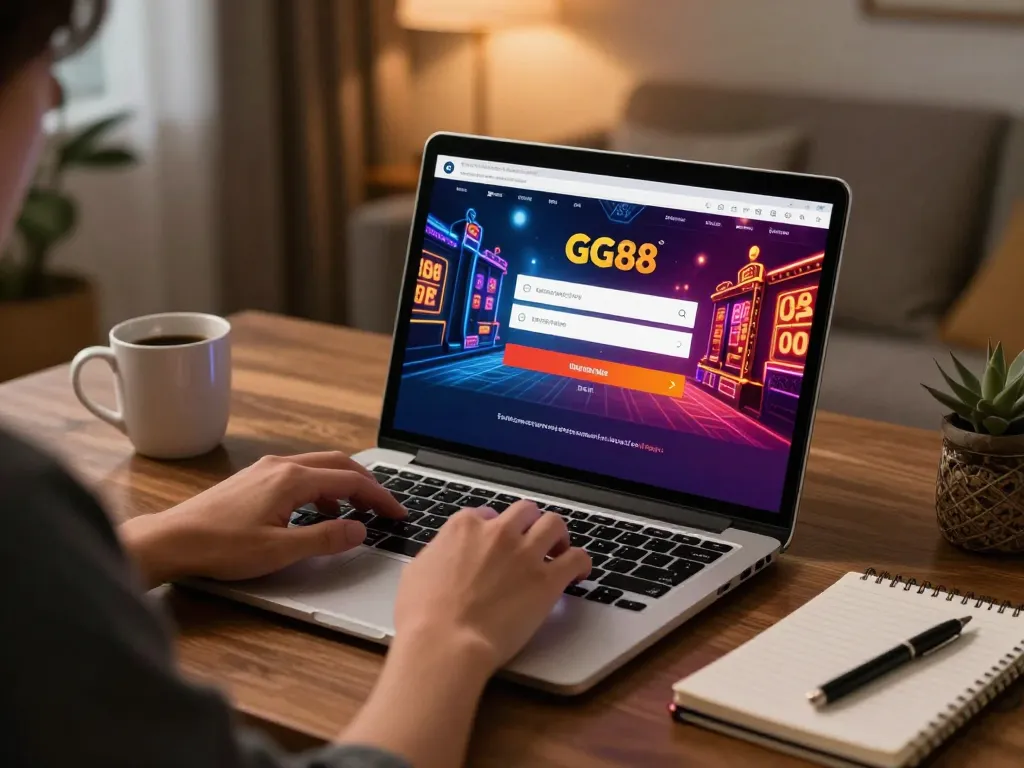 Logging in to GG88 at home, with a user engaged in online gambling on a laptop.