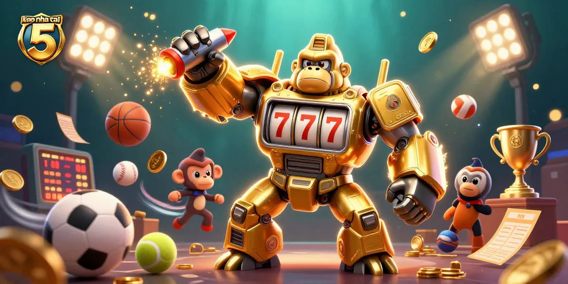 Engage with keo nha cai 5 as a dynamic 3D illustration featuring a golden gorilla mech and flying sports balls in action.