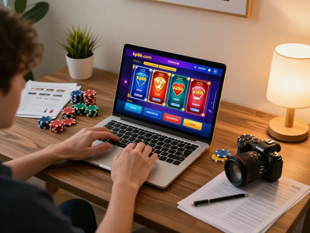 Person enjoying gaming on kp88.com with poker chips and strategy notes at home
