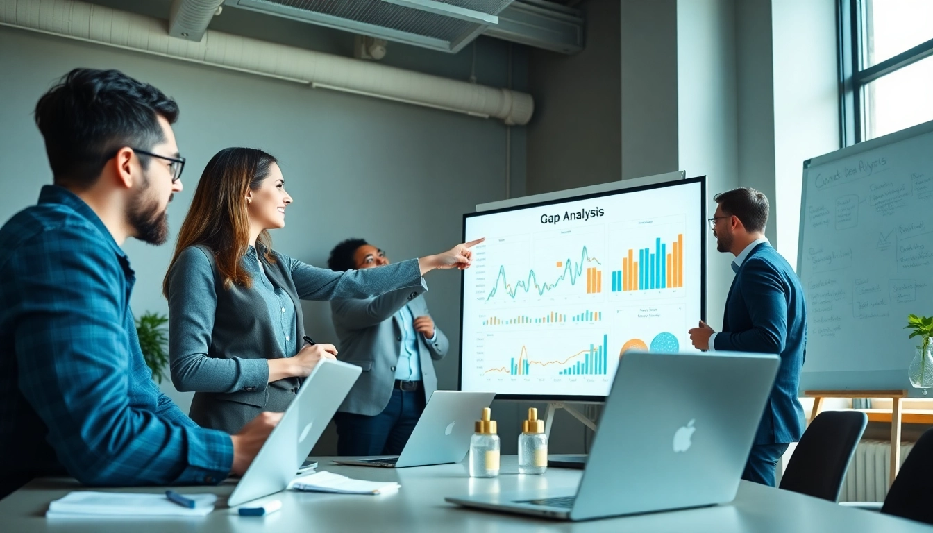 Performing a Content Gap Analysis with a professional team in a collaborative office environment.