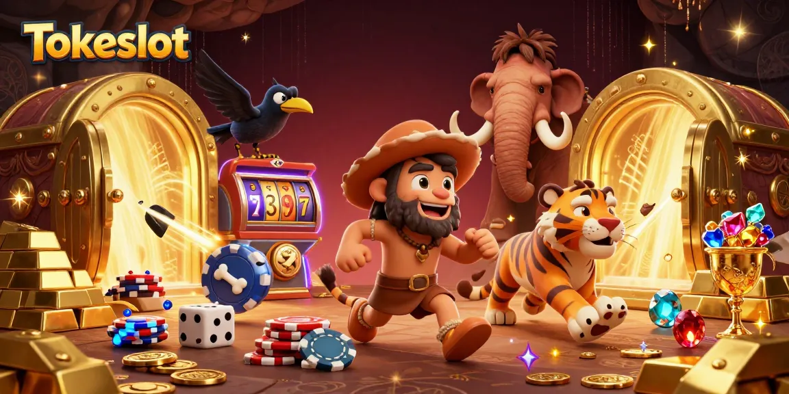 Tokeslot shows a fun prehistoric casino scene with cavemen, sabertooth tiger, and gold treasures.