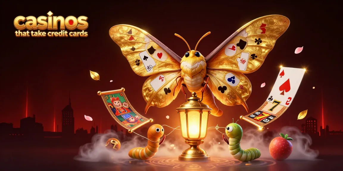Engage with thrilling casinos that take credit cards, featuring vibrant slot reels, golden moths, and dynamic game elements.