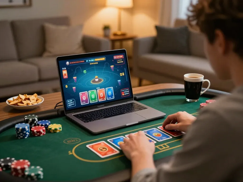 Engaging in online table games through đăng nhập KP88 on a laptop in a cozy home setting