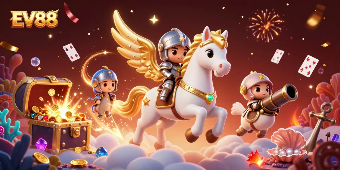 Experience thrilling gameplay with EV88's vibrant illustration of a celestial knight on a golden-winged horse.