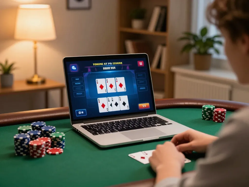Engaged player enjoying poker on KP88220 online casino platform in a cozy home environment.