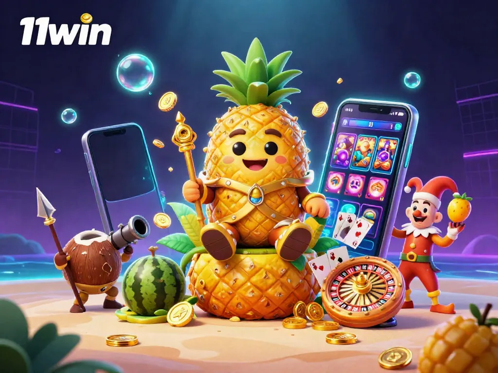 Experience the vibrant world of 11win with a fun casino-themed illustration featuring a golden pineapple king and dynamic game elements.