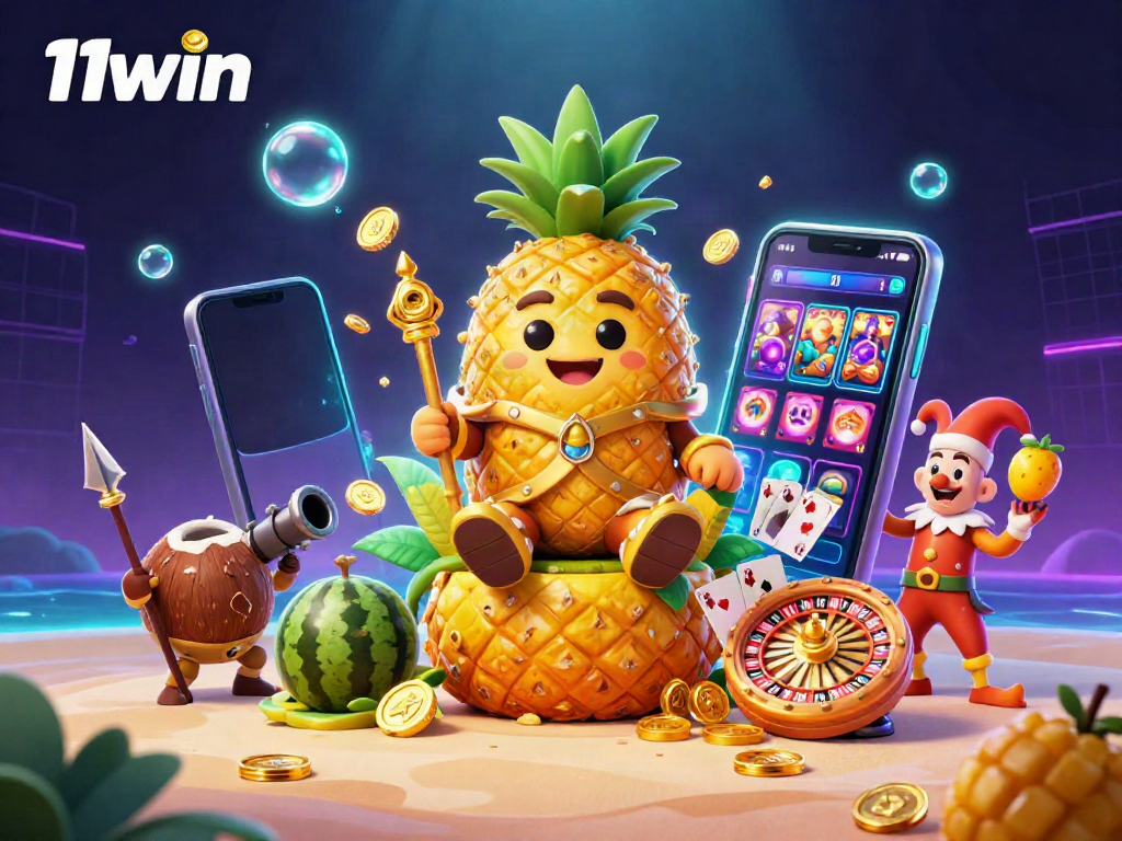Experience the vibrant world of 11win with a fun casino-themed illustration featuring a golden pineapple king and dynamic game elements.