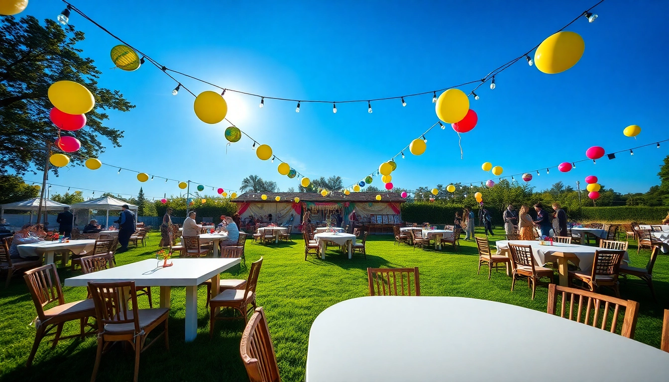 Enjoy a vibrant outdoor party setup with colorful decorations and guests celebrating, showcasing Outdoor Party Rentals.