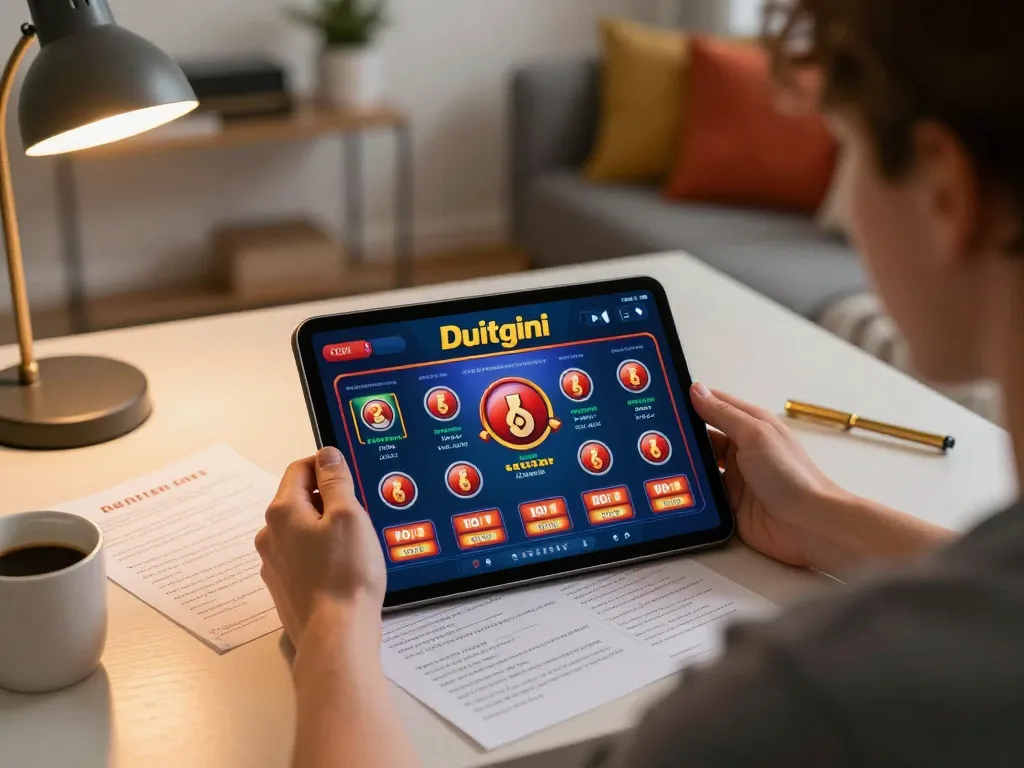 Person engaged in online gaming on Duitgini app, surrounded by betting strategy notes.
