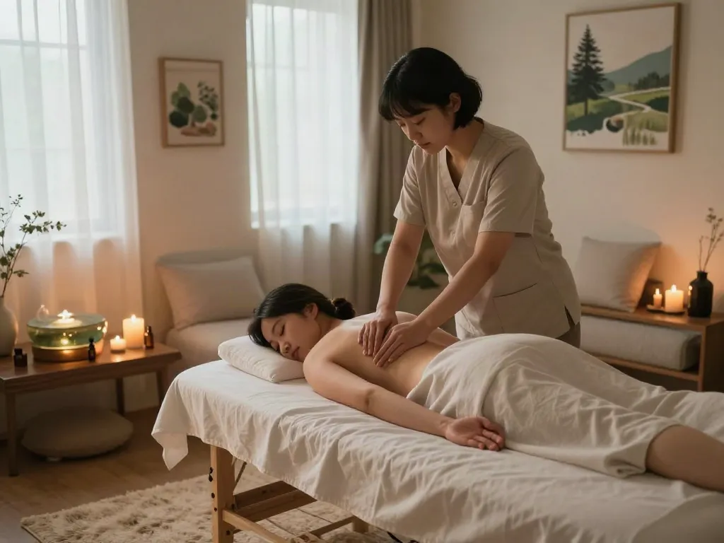 Professional therapist offering 용인출장안마 in a serene home setting, featuring calming decor and warm lighting.