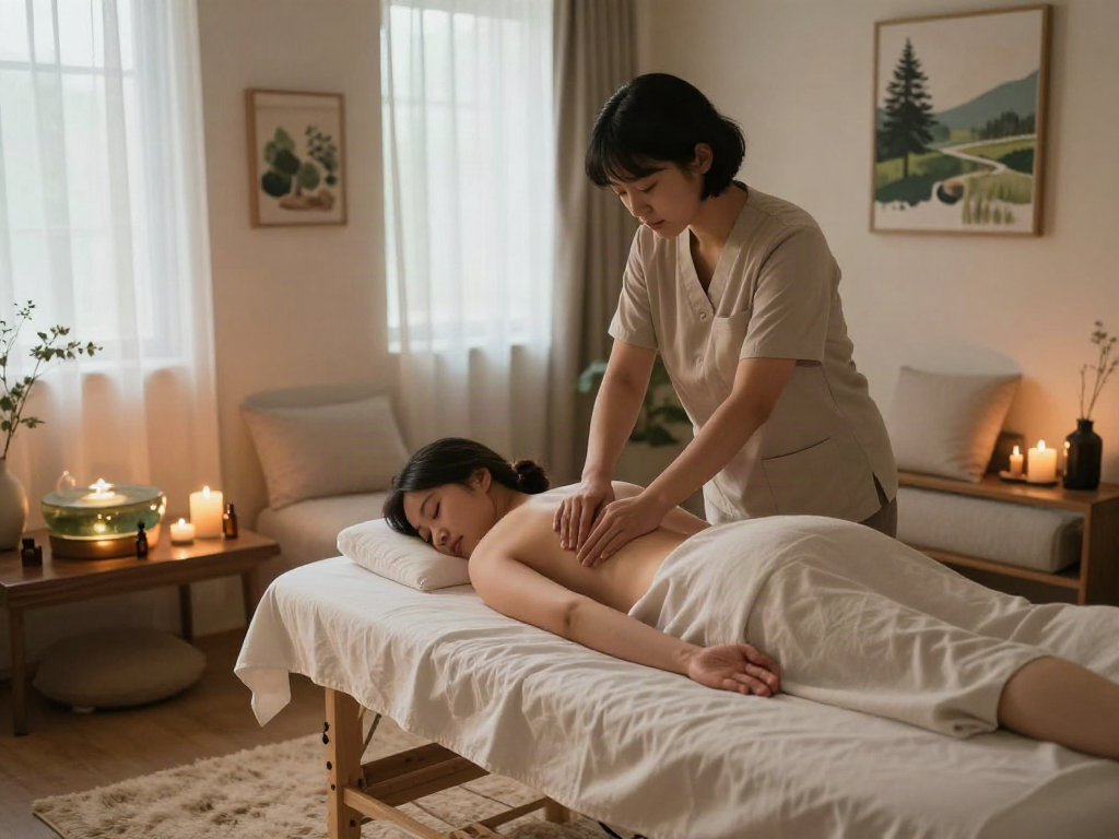 Professional therapist offering 용인출장안마 in a serene home setting, featuring calming decor and warm lighting.