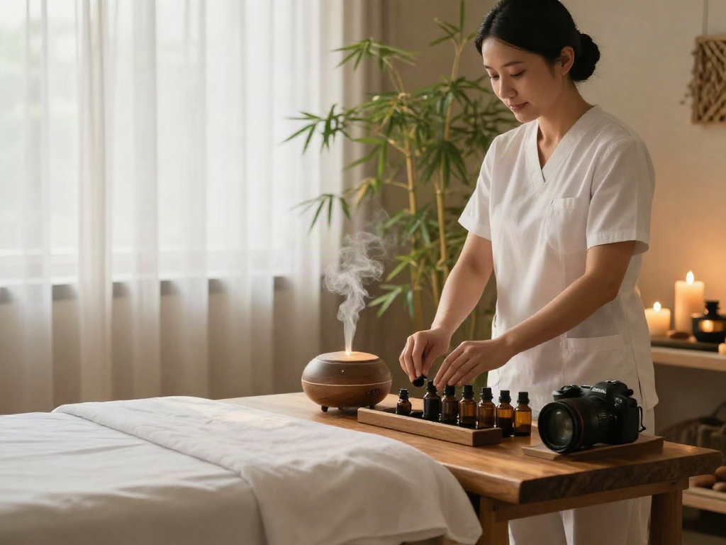 Serene wellness spa scene illustrating 수원출장안마 with a therapist preparing oils in a calming environment.