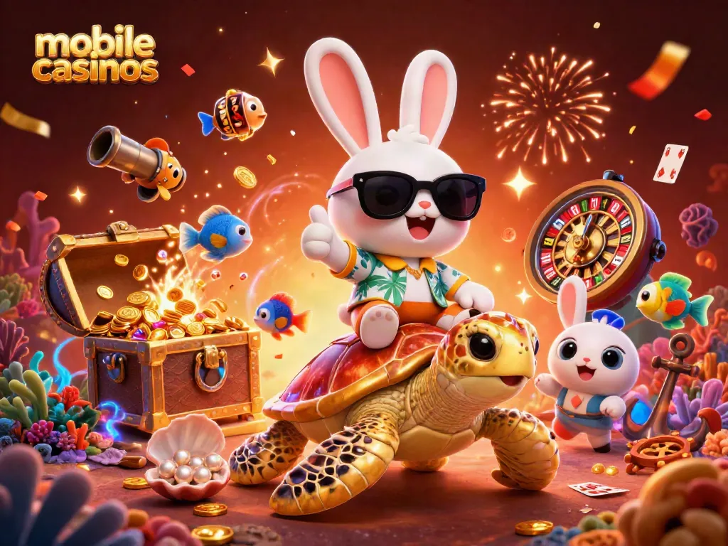 Experience thrilling action in mobile casinos with an enchanting scene of a lucky rabbit and turtle amidst gaming excitement.