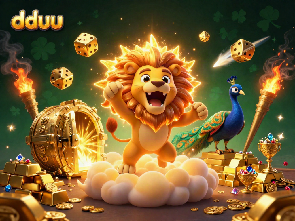 Experience thrilling gameplay at dduu, where a lion character roars amidst dazzling casino elements.