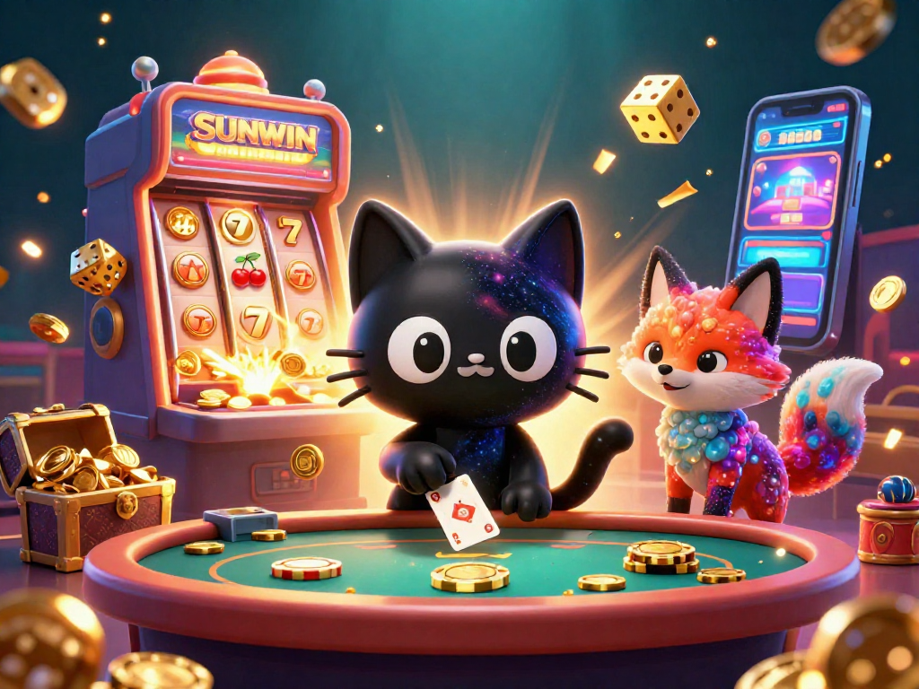 SUNWIN unleashes a vibrant casino atmosphere with a cat and fox amidst swirling cosmic elements and jackpot excitement.