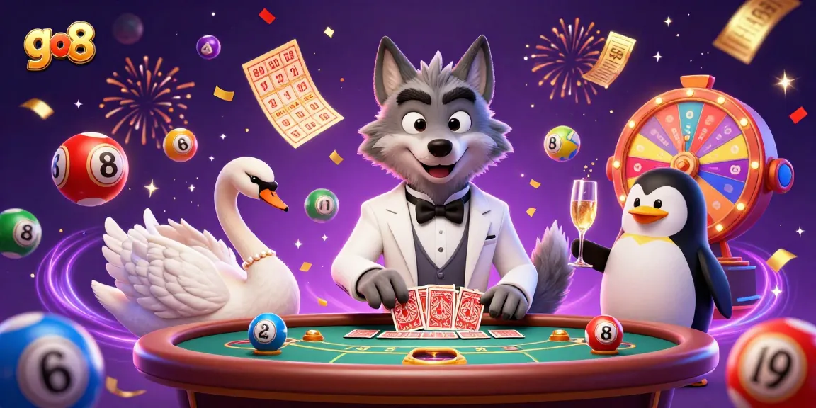 Experience go 88 with a lively casino scene featuring a debonair wolf, elegant swan, and sophisticated penguin.