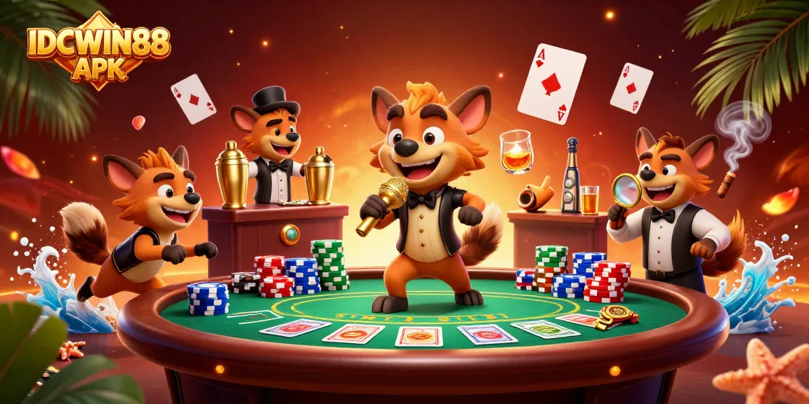 Engage with IDCWIN88 APK in a vibrant comedy casino scene that showcases exciting gambling elements.