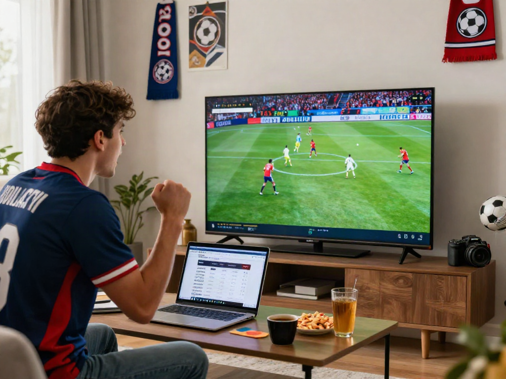 Football fan joyfully watching live matches on https://xoilactvlive.net/ with snacks and team memorabilia around.